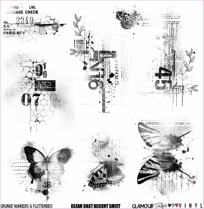 GRUNGE NUMBERS & FLUTTERBIES CLEAR CAST ACCENT SHEET