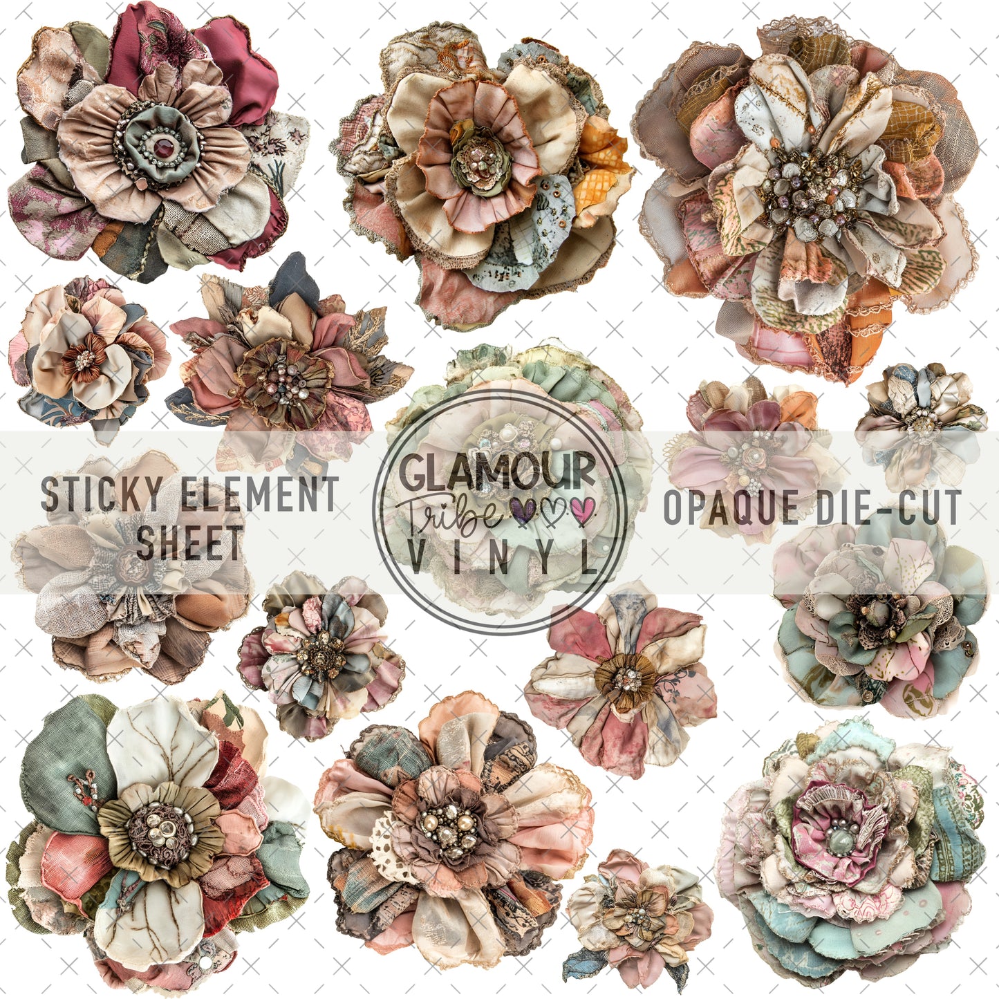 PATCHWORK FABRIC FLORALS STICKY ELEMENT SHEET