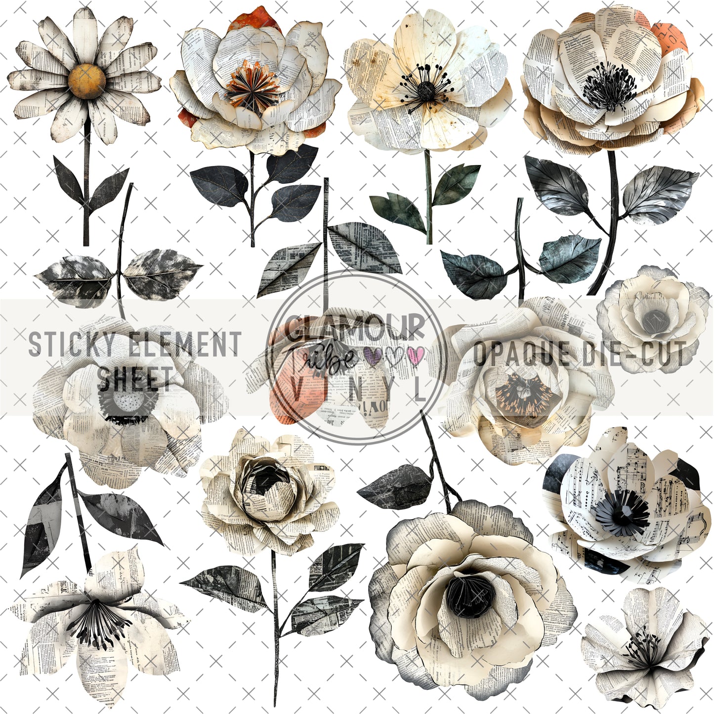 B&W BOOK PAGE FLORALS STICKY ELEMENT SHEET