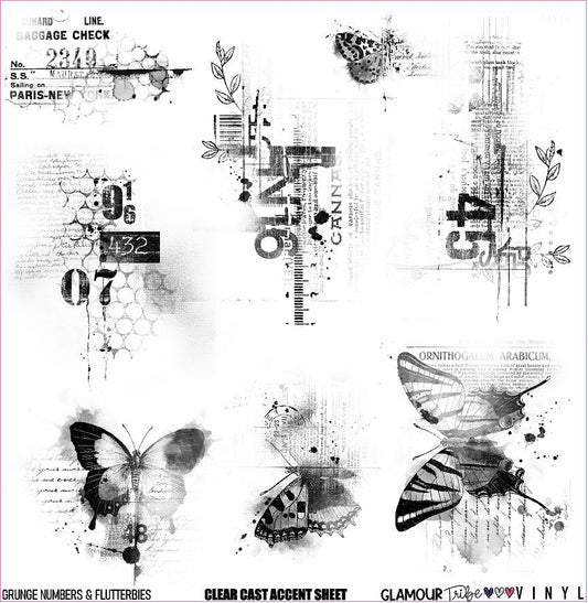 GRUNGE NUMBERS & FLUTTERBIES CLEAR CAST ACCENT SHEET