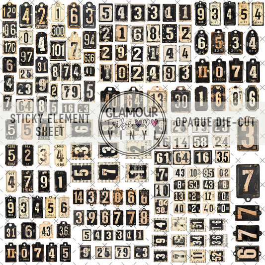 VINTAGE NUMBER TAGS STICKY ELEMENT SHEET