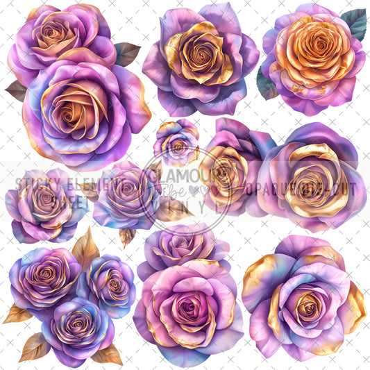 PURPLE & GOLD ROSES STICKY ELEMENT SHEET