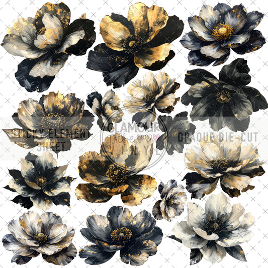 BLACK & GOLD FLORALS STICKY ELEMENT SHEET