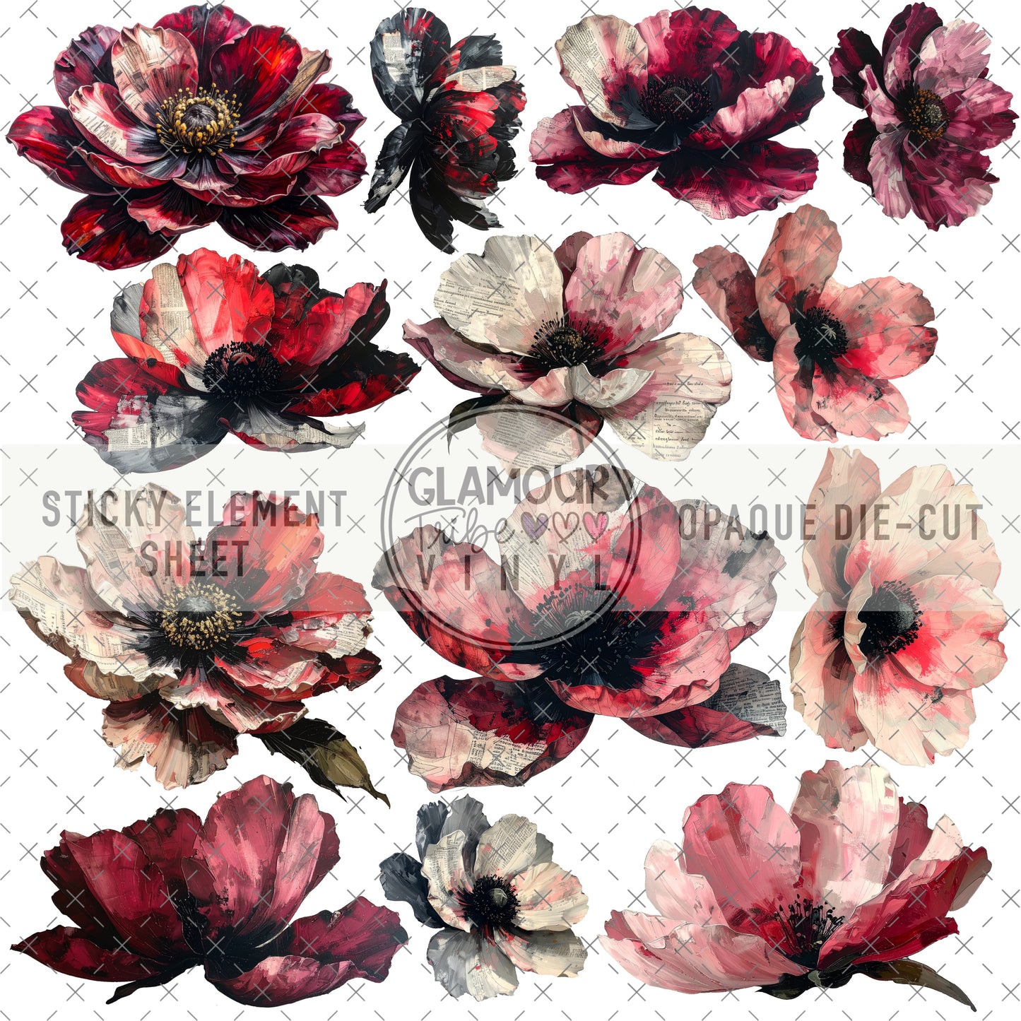 RED PAPER FLORALS STICKY ELEMENT SHEET