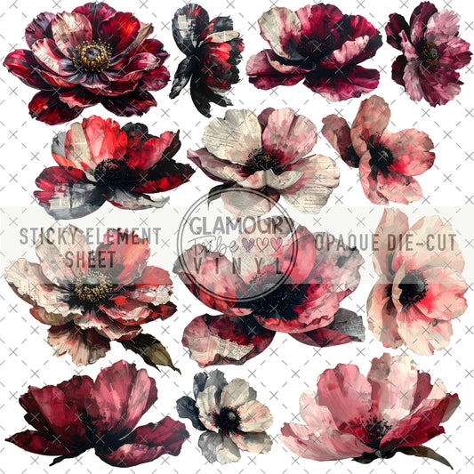 RED PAPER FLORALS STICKY ELEMENT SHEET